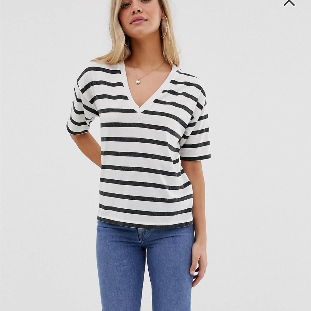 ASOS linen mix tshirt with v neck in stripe